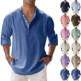 thumbnail image 1 of Men's Cotton Linen Henley Shirt Long Sleeve Hippie Tops Casual Beach Blouse Summer Loose Collar Basic Tees Army Green L, 1 of 5
