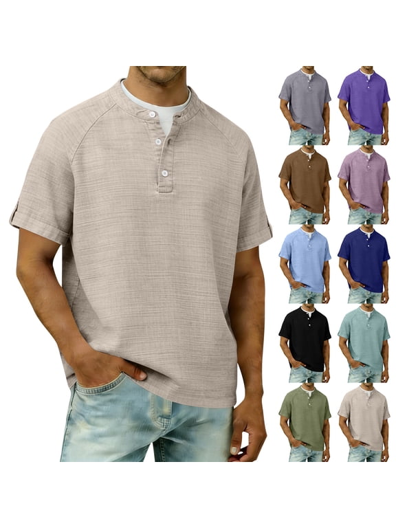 Men's Cotton Linen Henley Shirt - Short Sleeve Collarless Shirts Solid Color Casual Summer Beach Holiday Button Up Tops Plus Size Loose Fit T-Shirt Breathable 3 Buttons Grandad T Shirts