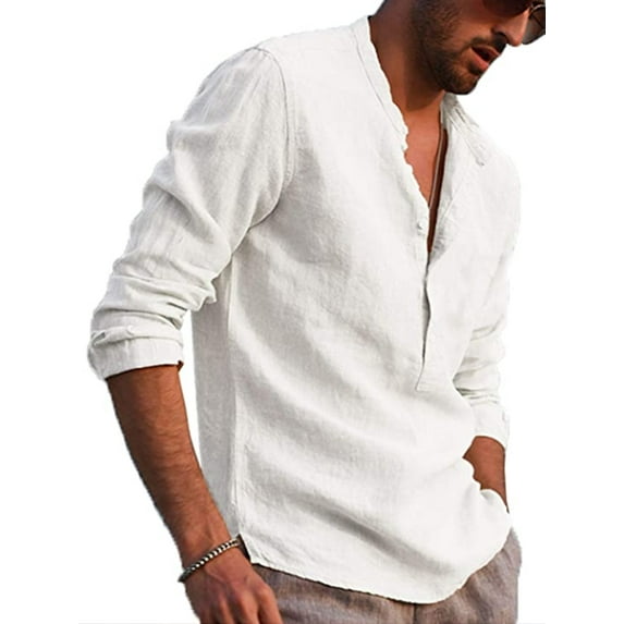 Men's Cotton Linen Henley Shirt Solid Long Sleeve Casual T-Shirt Beach Yoga Pullover Blouse Tops