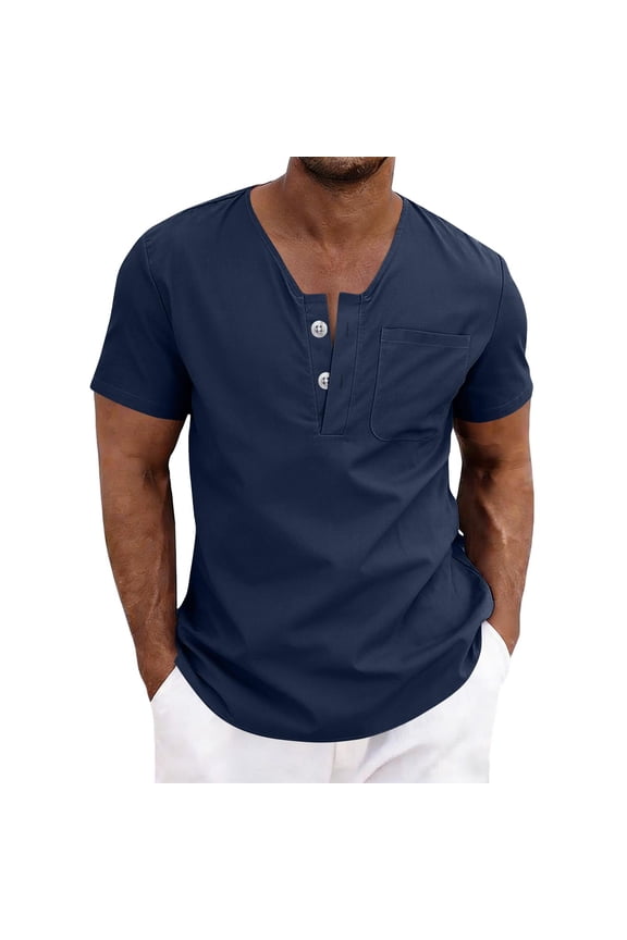 Men's Cotton Linen Henley Shirt V-Neck Short Sleeve Beach Shirt Casual Solid Summer Pocket Button Top,M,Dark Blue