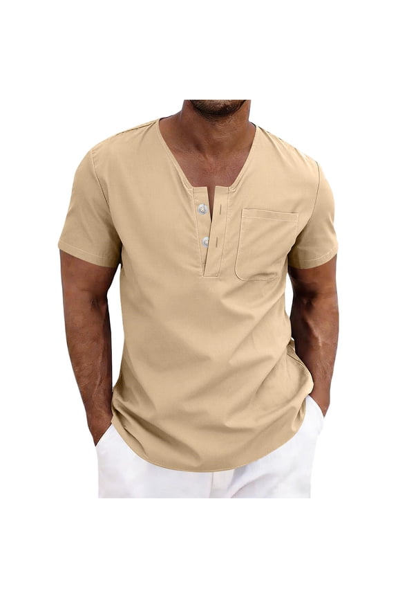 Men's Cotton Linen Henley Shirt V-Neck Short Sleeve Beach Shirt Casual Solid Summer Pocket Button Top,XL,Khaki