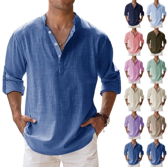 Men's Cotton Linen Henley Shirts Long Sleeve Button Up Hippie Beach T-Shirt Summer Casual Loose Yoga Tops Plus Size Blue XXL