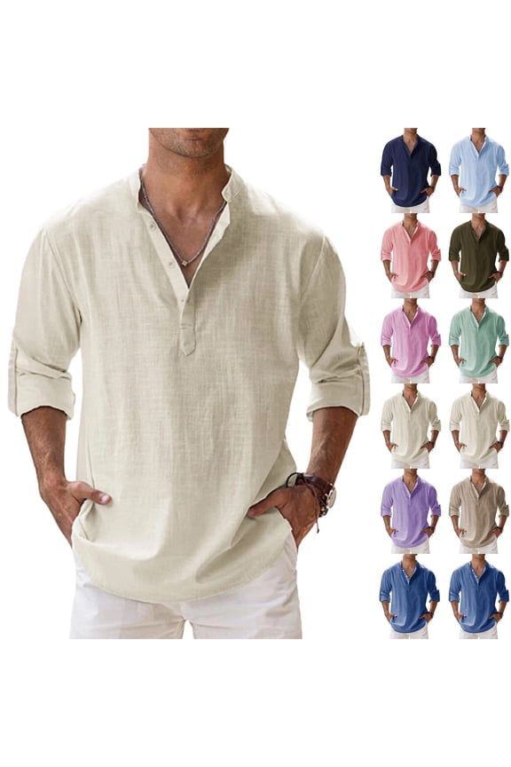 Men's Cotton Linen Henley Shirts Long Sleeve Button Up Hippie Beach T-Shirt Summer Casual Loose Yoga Tops Plus Size Complexion XL