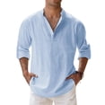 thumbnail image 1 of Men's Cotton Linen Henley Shirts Long Sleeve Button Up Hippie Beach T-Shirt Summer Casual Loose Yoga Tops Plus Size Light Blue M, 1 of 3