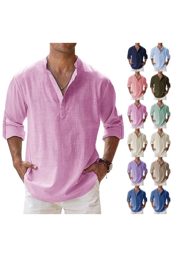 Men's Cotton Linen Henley Shirts Long Sleeve Button Up Hippie Beach T-Shirt Summer Casual Loose Yoga Tops Plus Size Pink XL