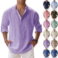 thumbnail image 1 of Men's Cotton Linen Henley Shirts Long Sleeve Button Up Hippie Beach T-Shirt Summer Casual Loose Yoga Tops Plus Size Purple 3XL, 1 of 4