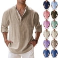 thumbnail image 1 of Men's Cotton Linen Henley Shirts Long Sleeve Button Up Plus Size Tops Summer Casual Loose Hippie Beach T-Shirts Khaki XXL, 1 of 4