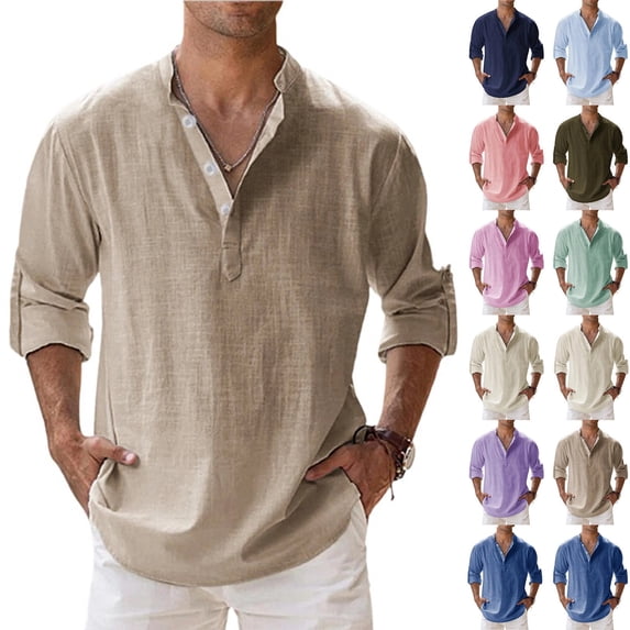 Men's Cotton Linen Henley Shirts Long Sleeve Button Up Plus Size Tops Summer Casual Loose Hippie Beach T-Shirts Khaki XXL
