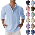 thumbnail image 1 of Men's Cotton Linen Henley Shirts Long Sleeve Button Up Plus Size Tops Summer Casual Loose Hippie Beach T-Shirts Light Blue M, 1 of 4