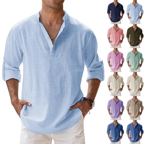Men's Cotton Linen Henley Shirts Long Sleeve Button Up Plus Size Tops Summer Casual Loose Hippie Beach T-Shirts Light Blue M