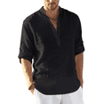 thumbnail image 1 of Puztloy Men Shirt Cotton Linen Long Sleeve Henley T-Shirt Casual Beach Tee,2025 Fall, 1 of 7