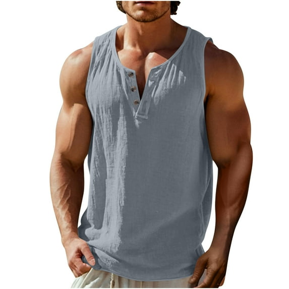 Men's Cotton-Linen Henley Tank Top – Sleeveless V-Neck Button-Down Shirt for Gym & Beach, Lightweight Muscle Tee with UPF 15+ Sun Protection