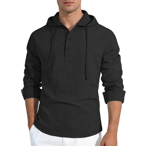 Men's Cotton Linen Hooded Henley Shirt, Casual Loose Fit Adjustable Drawstring Long Sleeve Tops for Men, Spring Fall Daily Wear Shirts S-3XL