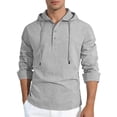 thumbnail image 1 of Men's Cotton Linen Hooded Henley Shirt, Casual Loose Fit Adjustable Drawstring Long Sleeve Tops for Men, Spring Fall Daily Wear Shirts S-3XL, 1 of 8