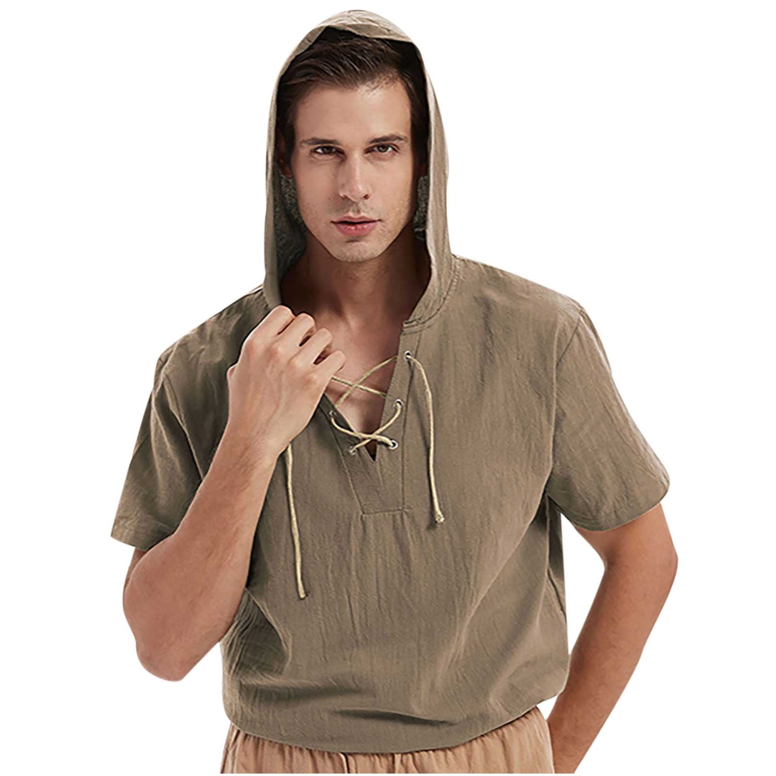 Men's Cotton Linen Hoodie Shirts Short Sleeve Sports Hooded T-shirt Top  Lace Up Collar Athletic Solid Shirts Summer Regular Fit Shirts Top -  Walmart.com