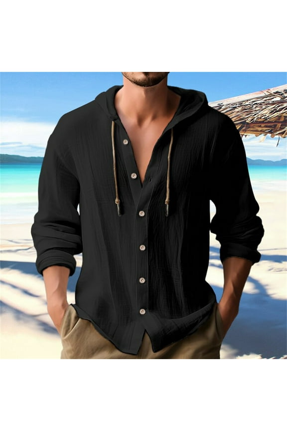 Men's Cotton Linen Hoodies Long Sleeve Button Down Sweatshirt Casual Lightweight Beach Cardigan Relaxed Fit Summer Fall Pullover
