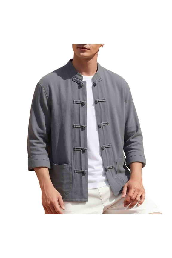 Men's Cotton Linen Kung Fu Shirt Traditional Chinese Tang Suit, Vintage Long Sleeve Frog Button Down Cardigan Jacket