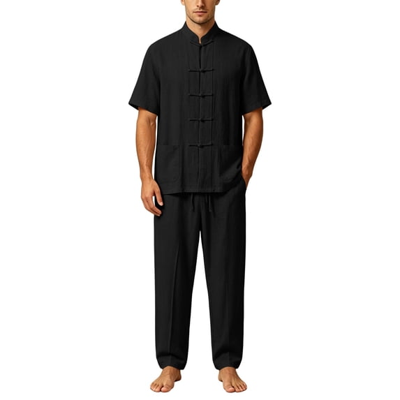 Men's Cotton Linen Kung Fu Uniform 2 Piece Set Loose Fit Breathable Lightweight Tai Chi Clothing for Training and Practice Short Sleeved Shirt Tops and Pants Size 5XL Black