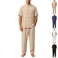 thumbnail image 1 of Men's Cotton Linen Kung Fu Uniform 2 Piece Set Loose Fit Breathable Lightweight Tai Chi Clothing for Training and Practice Short Sleeved Shirt Tops and Pants Size 5XL Khaki, 1 of 9