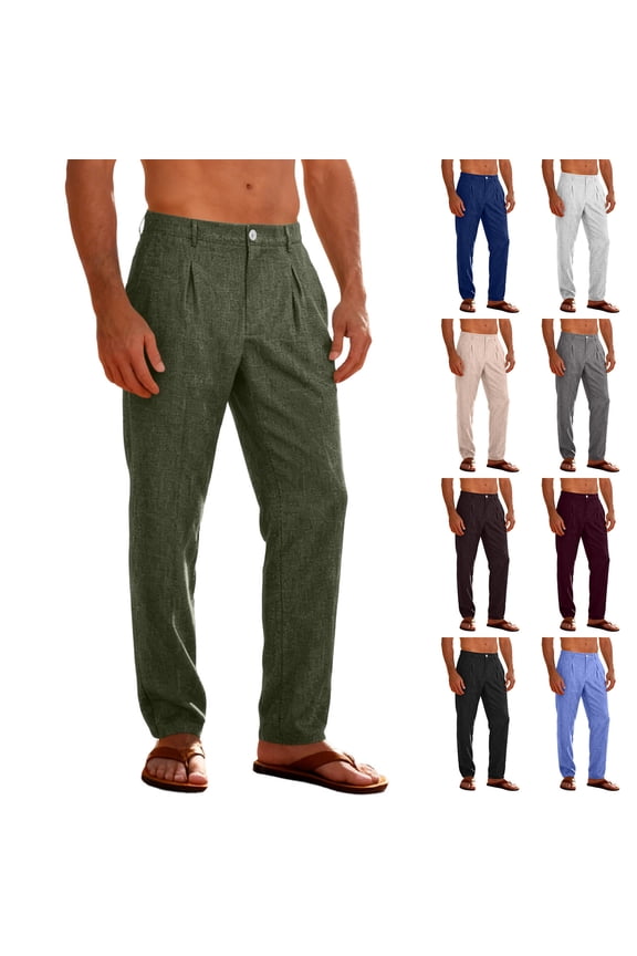 Men's Cotton Linen Like Pants Baggy Straight Leg Button Up Pants Mens Summer Casual Solid Loose Fits Lightweight Breathable Comfy Long Pants