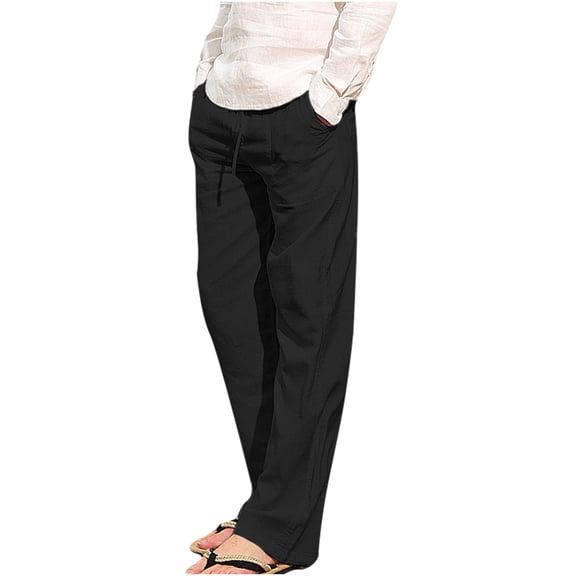 Men's Cotton Linen Long Pants Drawstring Loose Fit Beach Pants Lightweight Elastic Waist Yoga Lounge Trousers