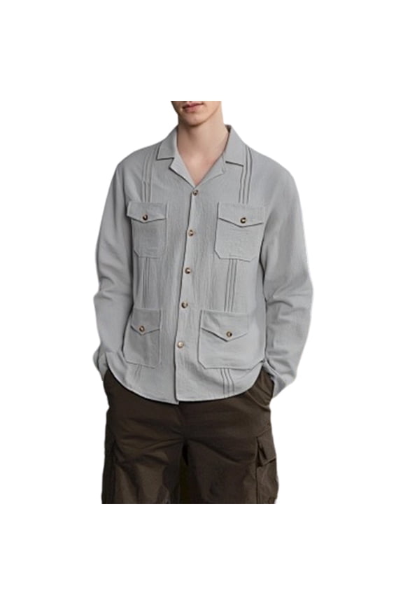 Men's Cotton Linen Long Sleeve Button Down Shacket Jacket, Casual Western Style Work Shirt with 4 Flap Pockets, Lightweight Loose Fit Breathable Daily Outdoor Tops, Big and Tall Sizes S-3XL Gray
