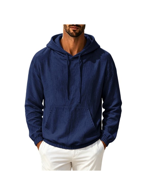 Men's Cotton Linen Long Sleeve Pullover Hooded Shirt Loose Fit Drawstring Hoodie Kangaroo Pocket