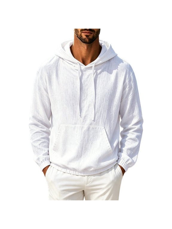 Men's Cotton Linen Long Sleeve Pullover Hooded Shirt Loose Fit Drawstring Hoodie Kangaroo Pocket