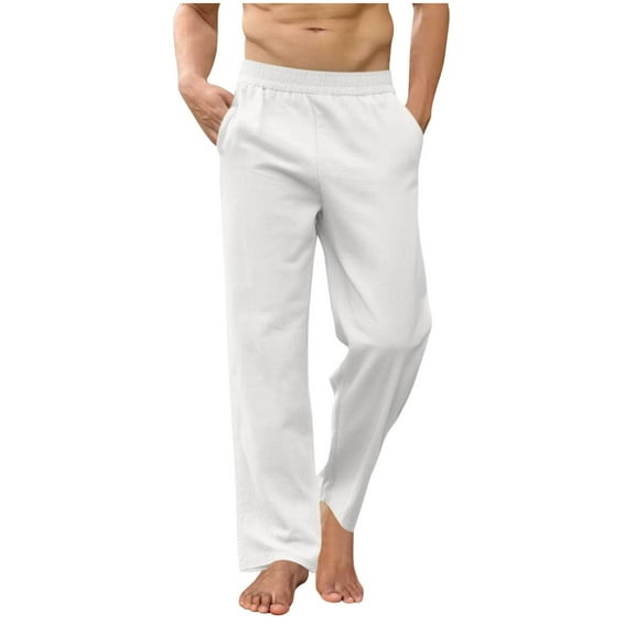 Men's Cotton Linen Lounge Pants Solid Color Elastic Waist Casual Long Pants Straight Wide Leg Loose Beach Yoga Pants (XL, White)