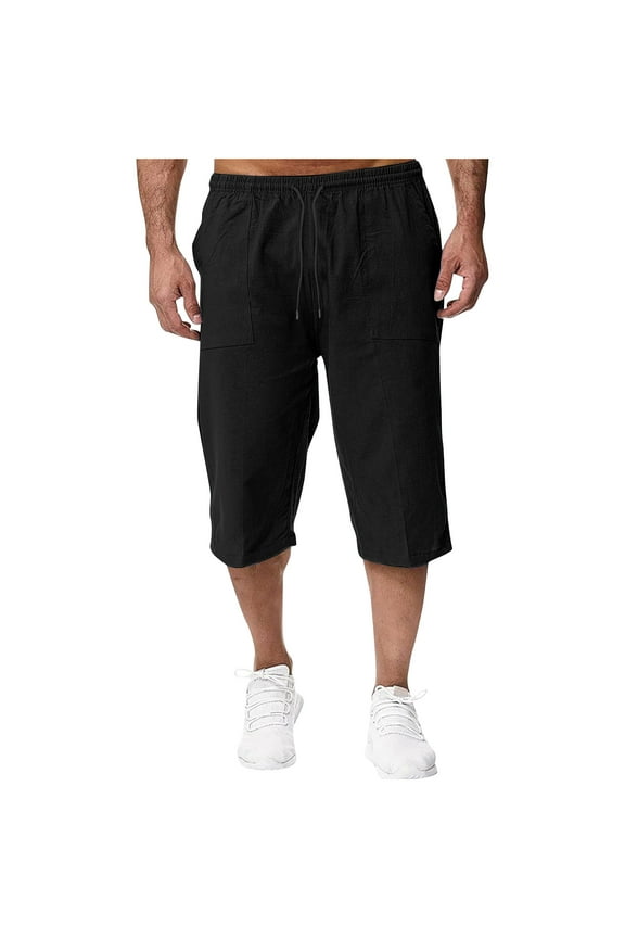 Men's Cotton Linen Pants 3/4 Quarter Waistband Loose Pant Casual Solid Color Drawstring Cropped Pants with Pockets