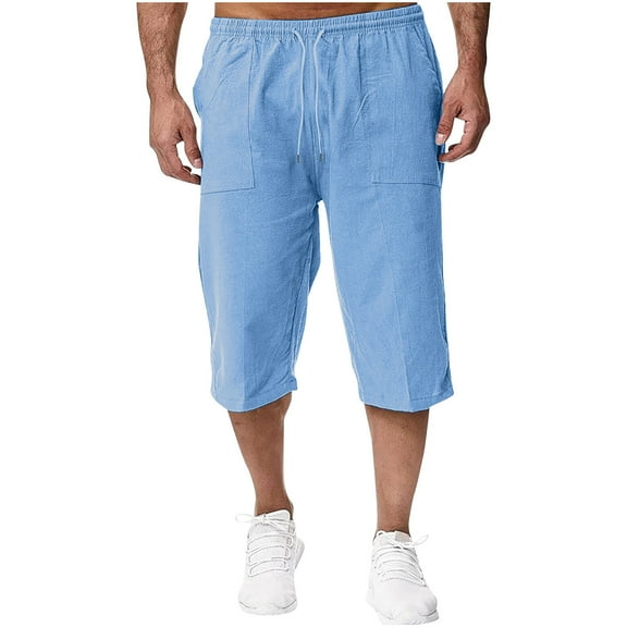 Men's Cotton Linen Pants 3/4 Quarter Waistband Loose Pant Casual Solid Color Drawstring Cropped Pants with Pockets