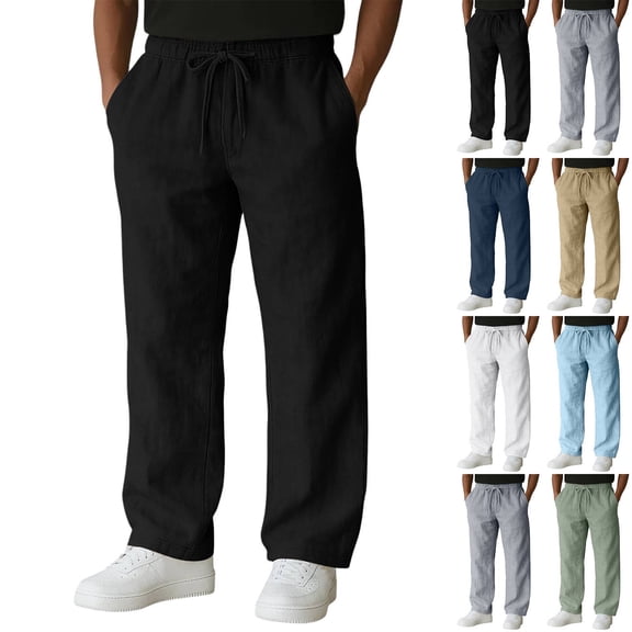 Men's Cotton Linen Pants Casual Drawstring Dress Pants Beach Summer Lightweight Trousers Black M