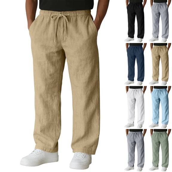 Men's Cotton Linen Pants Casual Drawstring Dress Pants Beach Summer Lightweight Trousers Khaki L