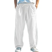 Mens Cotton Linen Pants Casual Lightweight Summer Beach Elastic Drawstring Waist Trousers Breathable Wide Leg Slacks Pants