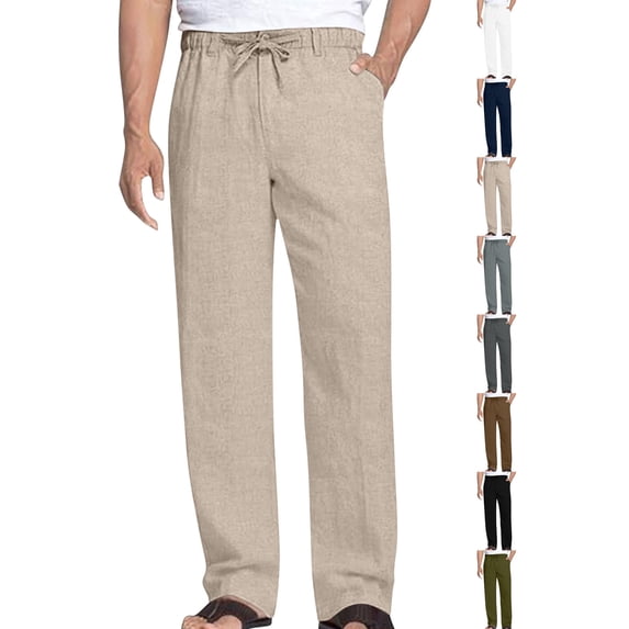 Men's Cotton Linen Pants Casual Solid Color Drawstring Elastic Waist Long Pants for Gym Workout Wear
