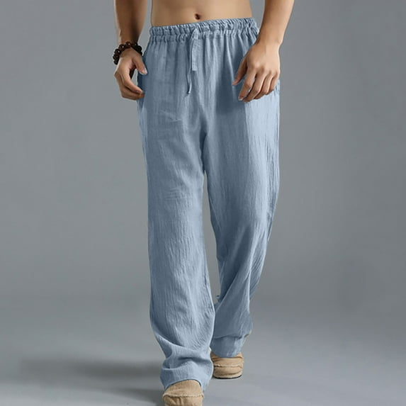Men's Cotton Linen Pants Causal Lightweight Drawstring Elastic Waist Summer Yoga Beach Trousers Light Blue XXL