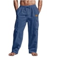 thumbnail image 1 of Men's Cotton Linen Pants Drawstring Elastic Waist Wide Leg Pants Comfortable Summer Beach Casual Loose Fit Trousers with Pockets, 1 of 6