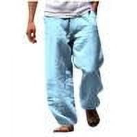ZQUUVOU Men's Cotton Linen Pants Drawstring Multi Pocket Solid Trousers Relaxation Length Pants Light Blue