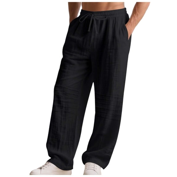 Men's Cotton Linen Pants Elastic Waist Drawstring Casual Trouser Lightweight Straight-Legs Loose Beach Pants