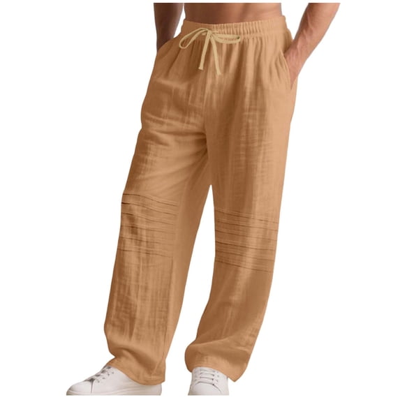 Men's Cotton Linen Pants Elastic Waist Drawstring Casual Trouser Lightweight Straight-Legs Loose Beach Pants