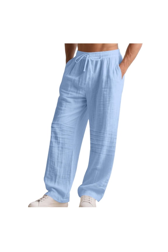 Men's Cotton Linen Pants Elastic Waist Drawstring Casual Trouser Lightweight Straight-Legs Loose Beach Pants