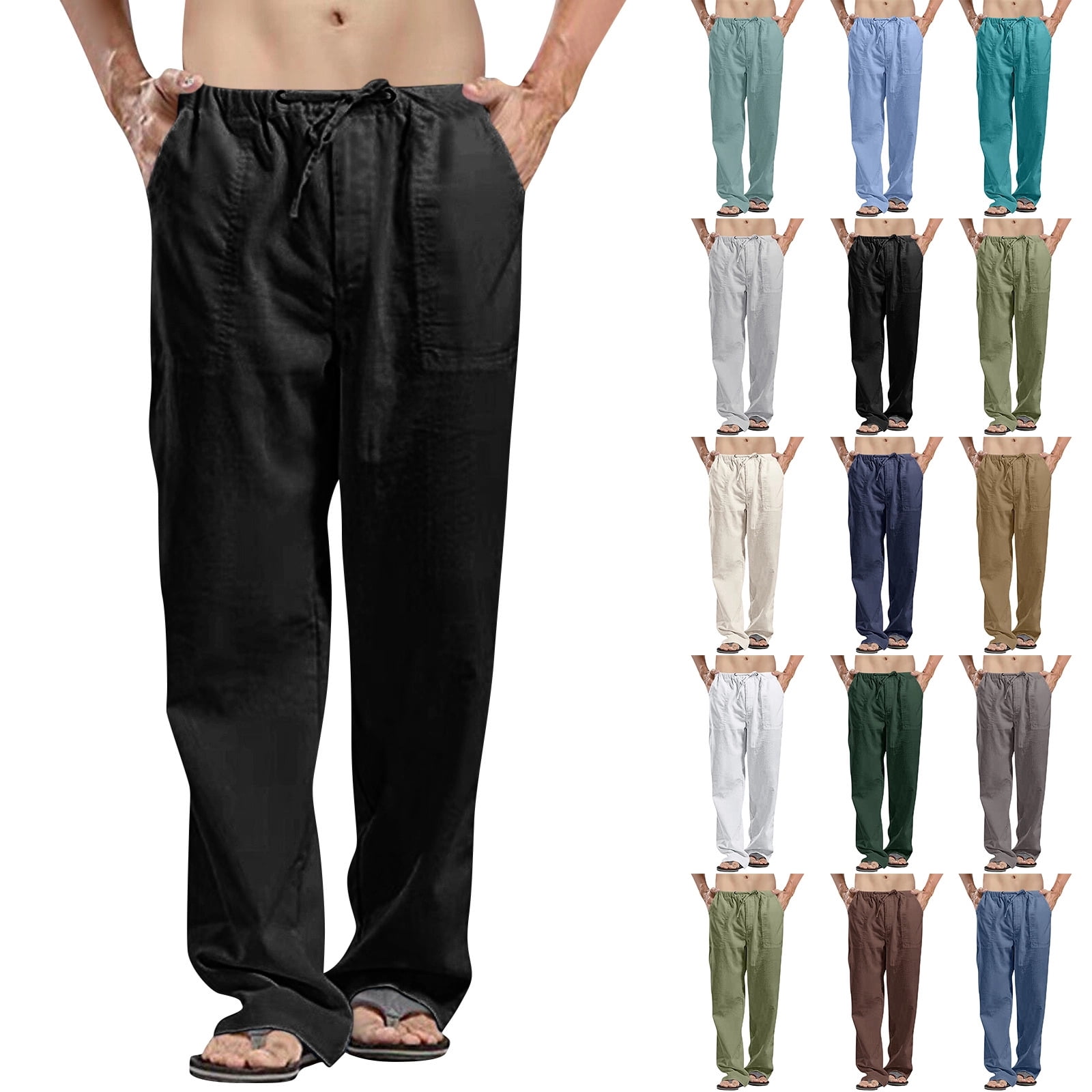 Men's Cotton Linen Pants Elastic Waist Drawstring Casual Trouser ...