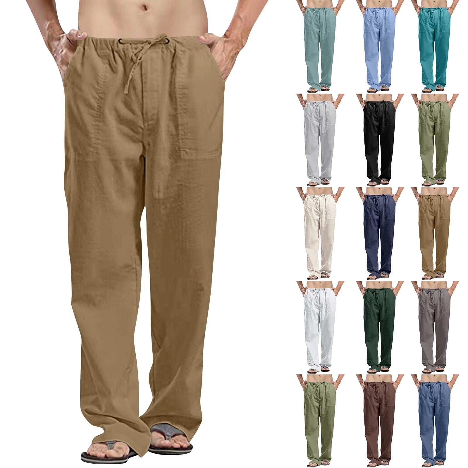 Men's Cotton Linen Pants Elastic Waist Drawstring Casual Trouser ...
