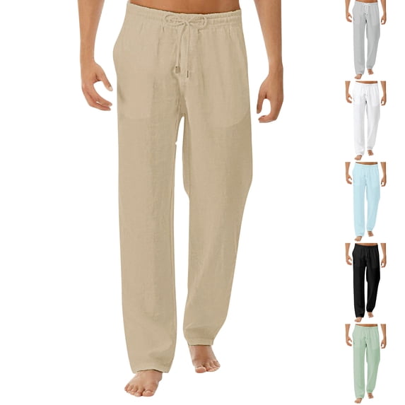 Men's Cotton Linen Pants Elastic Waist Drawstring Straight-Legs Pants with Pockets Linen Cotton Trousers Casual Summer Beach Loose Fit Lightweight Lounge Pants,Brown 2XL