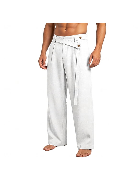 Men's Cotton Linen Pants Loose Pleated High Waist Cross Waist Strap Pants Casual Button Detail Wide Leg Pants Breathable Lightweight Summer Trousers With Side Pockets For Beach