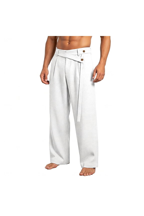 Men's Cotton Linen Pants Loose Pleated High Waist Cross Waist Strap Pants Casual Button Detail Wide Leg Pants Breathable Lightweight Summer Trousers With Side Pockets For Beach