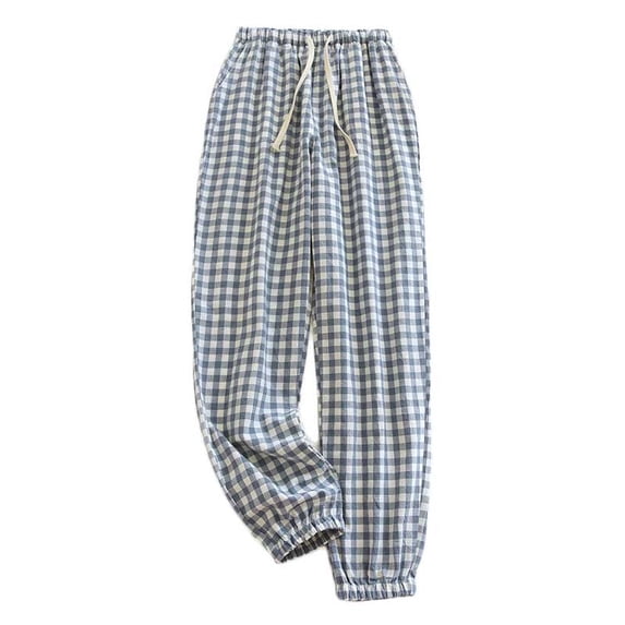 Men's Cotton Linen Plaid Pajama Pants, Lightweight Loungewear, Comfy Jogger Sleep Pant Long Pj Bottoms with Drawstring & Pockets Blue