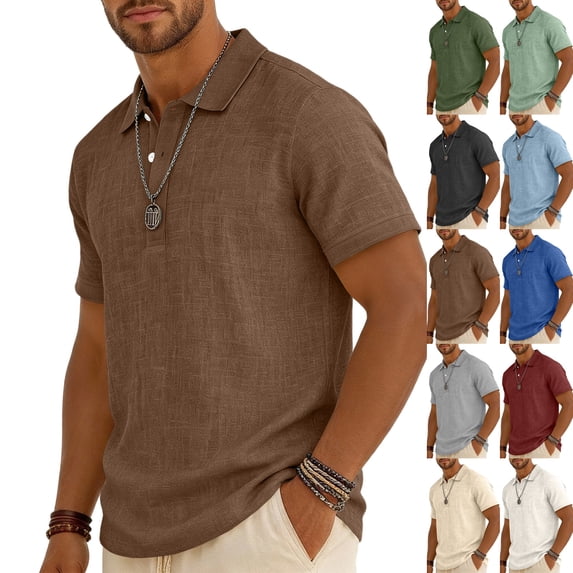 Men's Cotton Linen Polo Shirts 2026 Short Sleeve Casual Summer Shirt Slim Fit Breathable Textured Beach Top Coffee 3XL