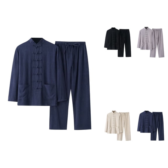 Men's Cotton Linen Set 2 Piece Long Sleeve Shirt & Casual Pants with Pockets Summer Beach Yoga Outfit