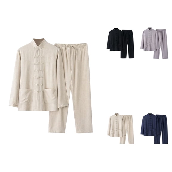 Men's Cotton Linen Set 2 Piece Long Sleeve Shirt & Casual Pants with Pockets Summer Beach Yoga Outfit